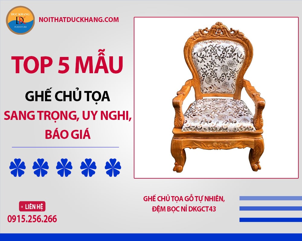 Ghế chủ tọa gỗ tự nhiên, đệm bọc nỉ DKGCT43 Ghế chủ tọa gỗ tự nhiên, đệm bọc nỉ DKGCT43