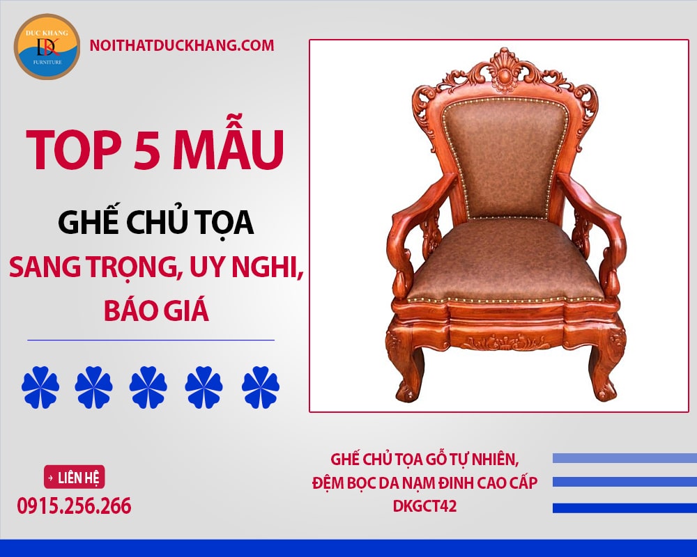 Ghế chủ tọa gỗ tự nhiên, đệm bọc da nạm đinh cao cấp DKGCT42 Ghế chủ tọa gỗ tự nhiên, đệm bọc da nạm đinh cao cấp DKGCT42