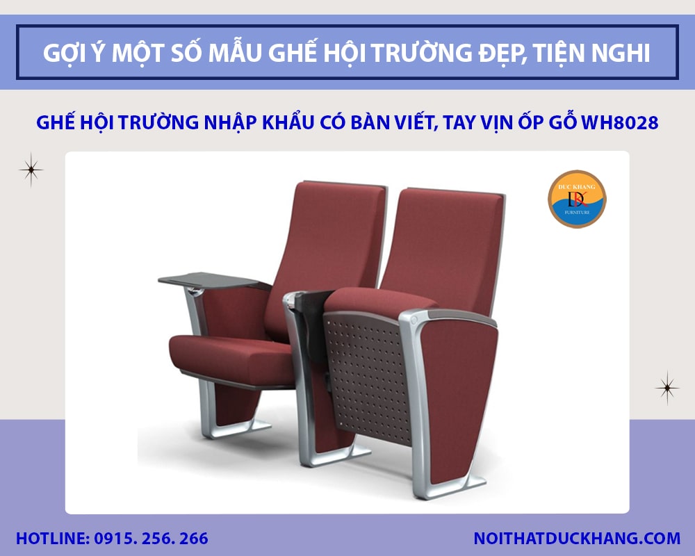 Ghế hội trường nhập khẩu có bàn viết, tay vịn ốp gỗ WH8028